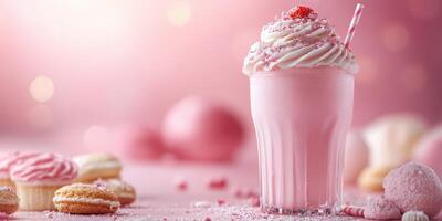 Delicious pink milkshake topped with whipped cream and cherry alongside sweet pastel cookies photo