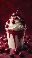 Delicious cream dessert topped with cherry sauce and berries in a vibrant red setting photo