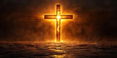 Elegant illuminated cross stands tall against a dark backdrop, surrounded by glowing light at dusk photo