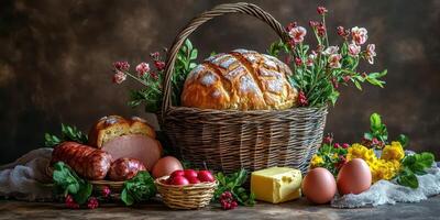 Freshly baked bread and assorted foods arranged in a basket with colorful flowers in a cozy setting photo