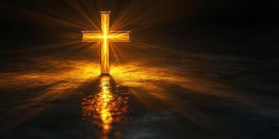 Illuminated cross shines brightly against a dark background, symbolizing faith and hope photo