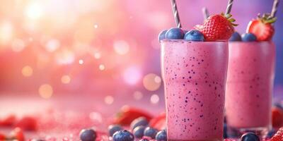 Delicious fruit smoothies served in tall glasses with berries at a vibrant summer gathering photo