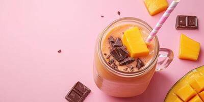 Refreshing mango chocolate smoothie served in a mason jar with colorful straw on a pastel pink background photo