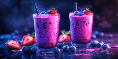 Refreshing berry smoothies served in clear glasses with vibrant colors on a dark background photo