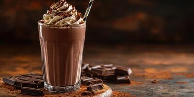 Delicious chocolate milkshake topped with whipped cream and chocolate shavings on rustic wooden table photo