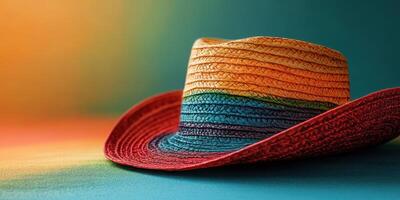 Colorful straw hat stands out against a vibrant background showcasing a warm sunset hue photo