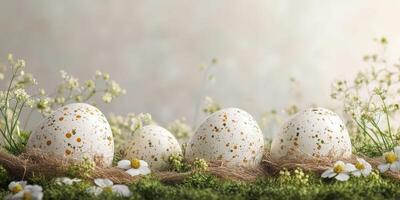Decorative speckled eggs arranged on natural moss surrounded by delicate flowers in a serene setting photo