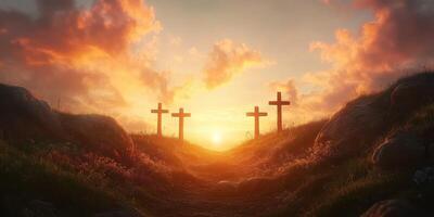 Sunset silhouette of crosses in a serene landscape showcasing a spiritual moment photo