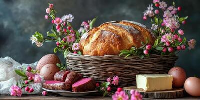 Freshly baked bread with sausage, butter, and eggs surrounded by blossoms in a rustic setting photo