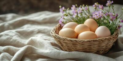 Freshly gathered eggs in a woven basket with wildflowers on soft fabric photo
