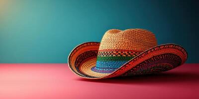 Colorful straw hat placed on a pink surface with a blue background capturing a vibrant and festive essence photo