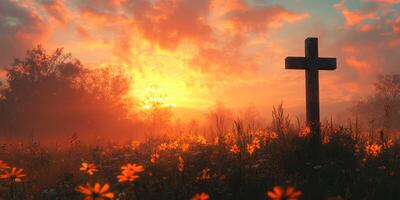Sunset over a flower-filled meadow with a cross amidst a serene landscape photo