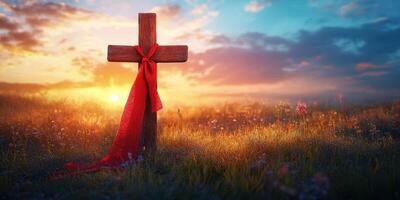 Sunset over a wooden cross adorned with a red ribbon on a grassy field photo