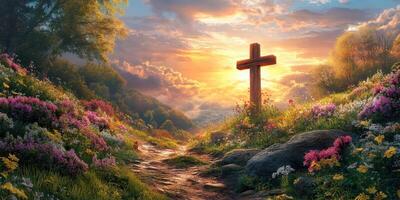 Sunset over a tranquil landscape with flowers and a cross on a peaceful path photo