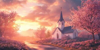 Sunrise over a quaint church surrounded by blooming cherry blossom trees in a serene landscape photo