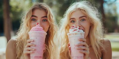 Enjoying delicious milkshakes in a sunny park setting with friends during a summer afternoon photo