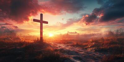 Sunset view with a wooden cross in a tranquil landscape featuring golden skies and clouds photo