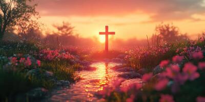 Sunset over a serene landscape with a cross and blooming flowers near a gentle stream photo