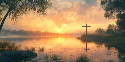Tranquil sunset over a serene lake with a wooden cross and lush scenery photo