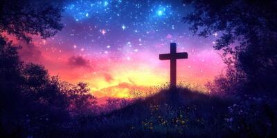 Beautiful sunset illuminates a cross on a hill surrounded by trees and flowers photo