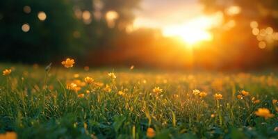 Golden sunlight filtering through blooming wildflowers on a serene evening in a lush meadow photo