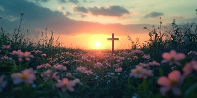 Sunset over a field of flowers with a cross marking the horizon in a serene landscape photo