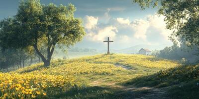Scenic landscape with a cross and vibrant flowers under a cloudy sky in a serene countryside setting photo