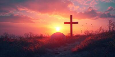 Sunset view of a cross by a tombstone in a serene landscape with vibrant colors and soft clouds photo