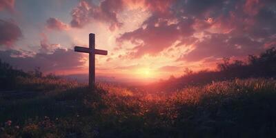 Beautiful sunset behind a wooden cross on a hillside with vibrant clouds and warm colors in the sky photo