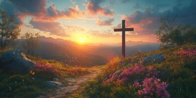 Sunrise over a tranquil landscape with a cross and blooming flowers in the foreground photo