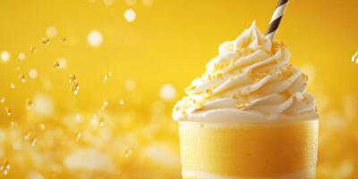 Delicious dessert with whipped cream and yellow toppings in a sunny atmosphere photo