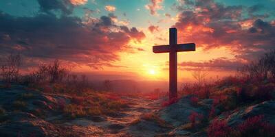 Serene sunset over mountain landscape with cross and colorful clouds in the evening sky photo