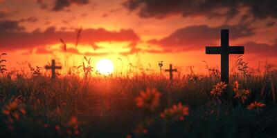 Graveyard at sunset with crosses and wildflowers in a tranquil setting photo
