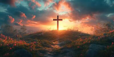 Cross standing on a hill surrounded by flowers at sunset with dramatic clouds and colorful sky photo