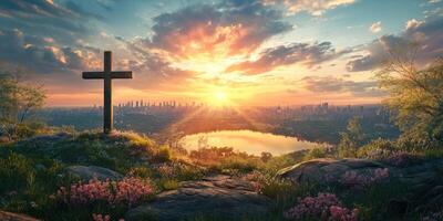 Sunrise over a city skyline with a cross on a hilltop and vibrant clouds reflecting morning light photo