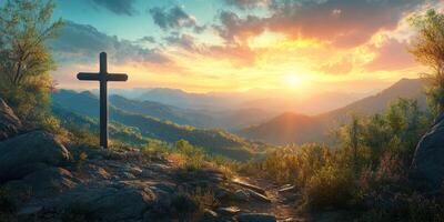 Sunrise illuminating a cross on a mountain path surrounded by lush greenery photo