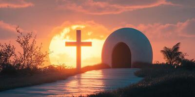 Sunset over a serene pathway leading to a small chapel with a cross on a tranquil evening photo