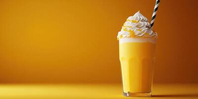 Creamy mango milkshake topped with whipped cream and striped straw against a vibrant yellow background photo