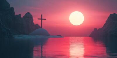 Stunning sunset over the calm water with a cross silhouette in a tranquil landscape setting photo