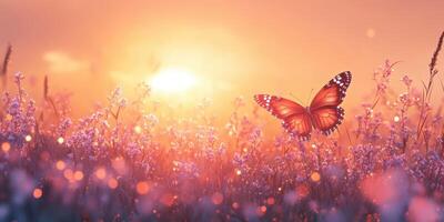 Colorful butterfly soaring above blooming flowers at sunset over a tranquil meadow photo