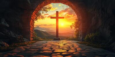 Beautiful sunset view from a stone archway with a cross on a mountain path photo