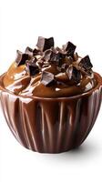 Creamy chocolate dessert topped with dark chocolate chunks in a brown bowl ready to be enjoyed photo