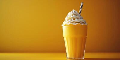 Refreshing yellow drink topped with cream served in a clear glass against a vibrant backdrop photo
