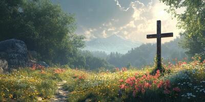 Peaceful landscape with a wooden cross surrounded by wildflowers near mountains in the afternoon sun photo