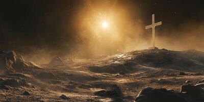 Cross stands alone on a desolate lunar landscape illuminated by a distant star in a dramatic celestial setting photo