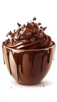 Rich chocolate mousse topped with shavings in an elegant serving bowl photo