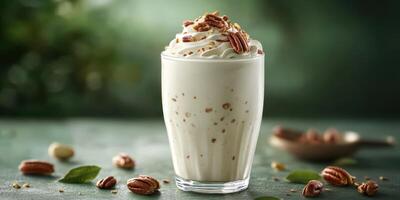 Delicious creamy beverage topped with pecans and whipped cream in a cozy setting photo