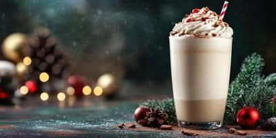 Festive beverage topped with whipped cream and holiday decorations on a table with seasonal decor photo