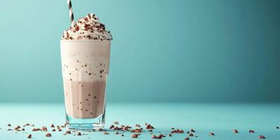 Delicious chocolate milkshake served in a tall glass with whipped cream and toppings on a blue background photo