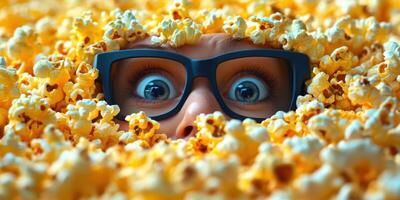 Enjoying a cinematic adventure surrounded by a sea of popcorn during a movie night at home photo